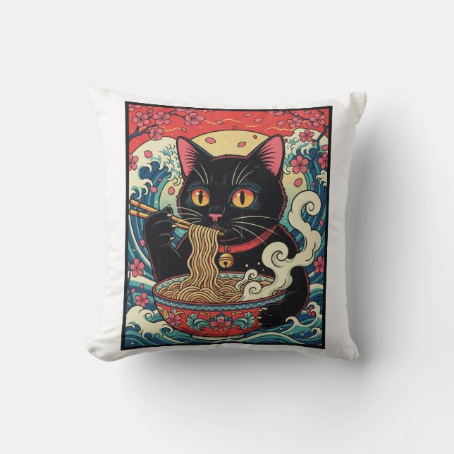Lucky Cat Ramen Noodle Art Kussen (Voorkant)