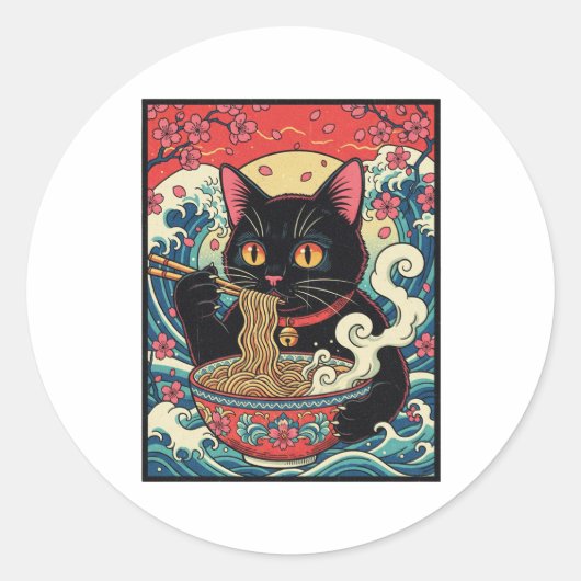 Lucky Cat Ramen Noodle Art Ronde Sticker (Voorkant)