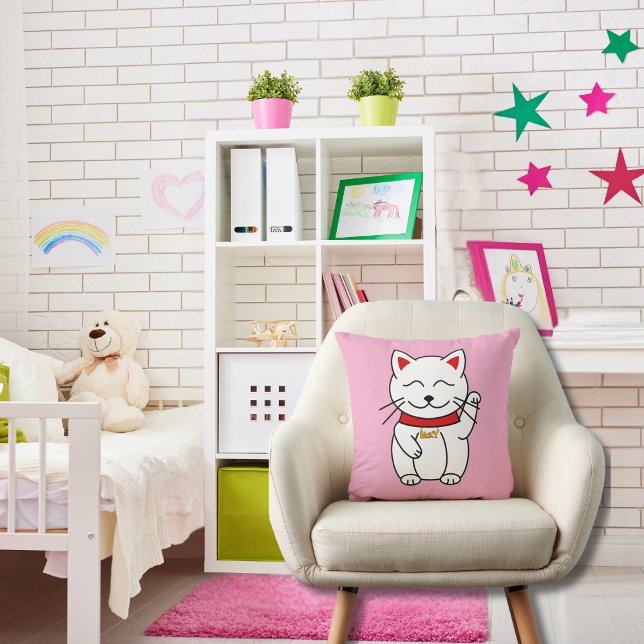 Lucky Cat voor Cat Lovers Roze Sierkussen (Creator heeft geüpload)