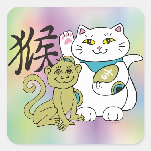 Lucky Cat Year of the Monkey Vierkante Sticker (Voorkant)