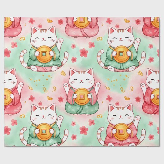 Lucky Charm Cats – Prosperity in Pastel Pattern Cadeaupapier (Vlak)