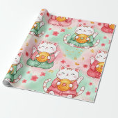 Lucky Charm Cats – Prosperity in Pastel Pattern Cadeaupapier (Uitgerold)