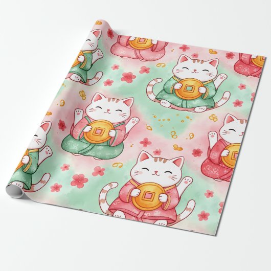 Lucky Charm Cats – Prosperity in Pastel Pattern Cadeaupapier (Uitgerold)