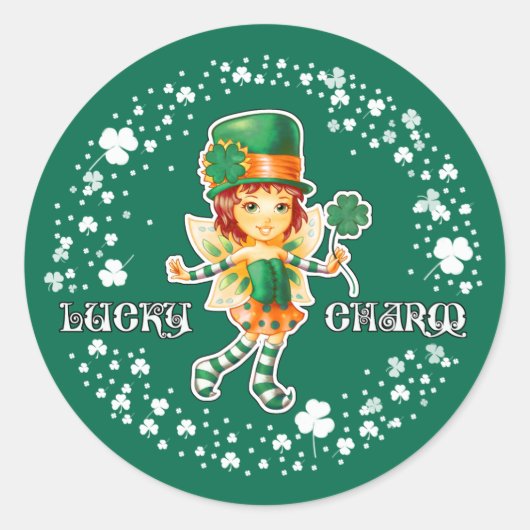 Lucky Charm. Fairy Irish Girl St.Patrick's Day Ronde Sticker (Voorkant)