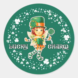 Lucky Charm. Fairy Irish Girl St.Patrick's Day Ronde Sticker