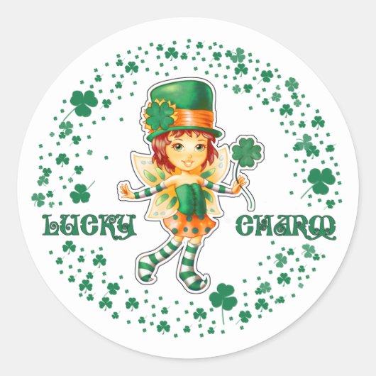 Lucky Charm. Fairy Irish Girl St.Patrick's Day Ronde Sticker (Voorkant)