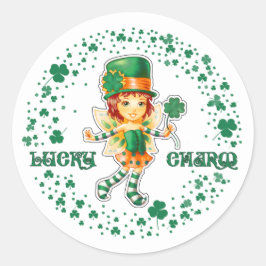 Lucky Charm. Fairy Irish Girl St.Patrick's Day Ronde Sticker