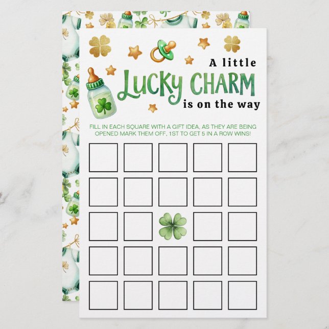 Lucky Charm Iers Baby shower Bingo spel (Voorkant / Achterkant)