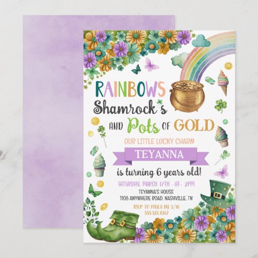 Lucky Charm Pot of Gold Rainbow Sunflower Birthday Kaart (Voorkant / Achterkant)