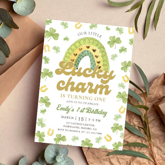 Lucky Charm Rainbow Shamrock Birthday  Invitation Kaart