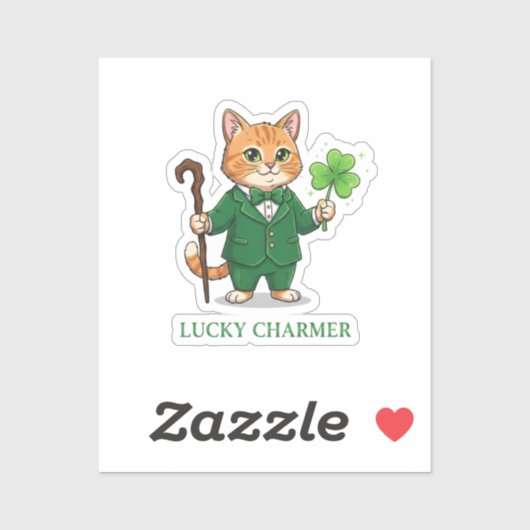 Lucky Charmer Cat With Shillelagh And Clover  Sticker (Vel)