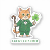 Lucky Charmer Cat With Shillelagh And Clover  Sticker (Voorkant)