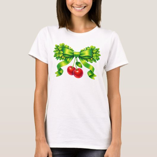 Lucky Clover Bow with Cherries Green Design T-shirt (Voorkant)