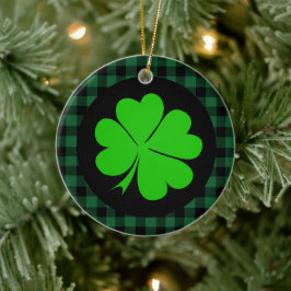 Lucky Clover charm, Shamrock, Green buffalo plaid Keramisch Ornament