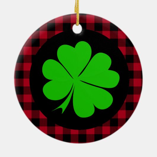 Lucky Clover charm, Shamrock, Red buffalo plaid Keramisch Ornament (Achterkant)
