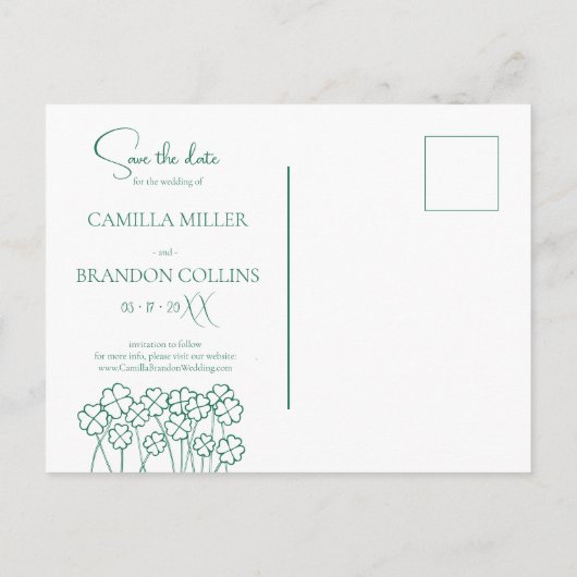 Lucky Clover Emerald Green Modern Save the Date Briefkaart (Achterkant)