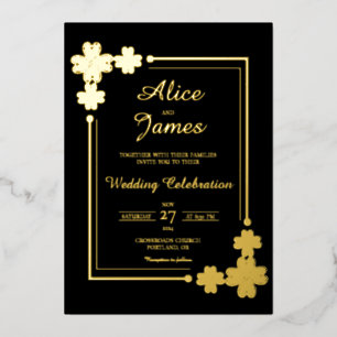 Lucky Clover Frame Elegante Zwarte Gouden Folie Br Uitnodiging