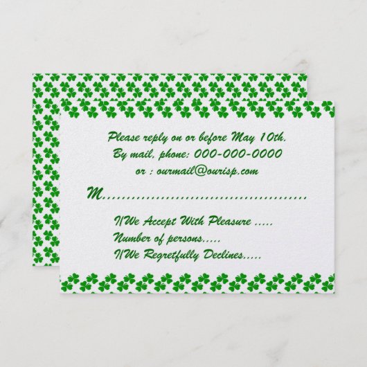 Lucky Clover Ierse bruiloft RSVP Kaartje (Voorkant / Achterkant)