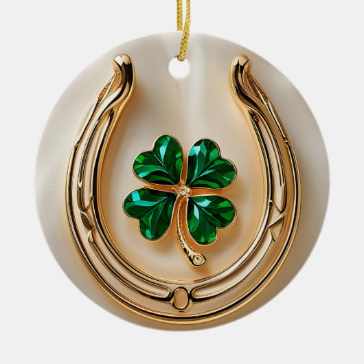 Lucky Clover met Goud Hoefijzer Keramisch Ornament (Voorkant)