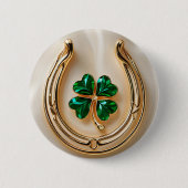 Lucky Clover met Goud Hoefijzer Ronde Button 5,7 Cm (Voorkant)