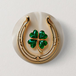 Lucky Clover met Goud Hoefijzer Ronde Button 5,7 Cm