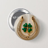 Lucky Clover met Goud Hoefijzer Ronde Button 5,7 Cm (Voorkant /achterkant)