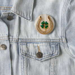 Lucky Clover met Goud Hoefijzer Ronde Button 5,7 Cm
