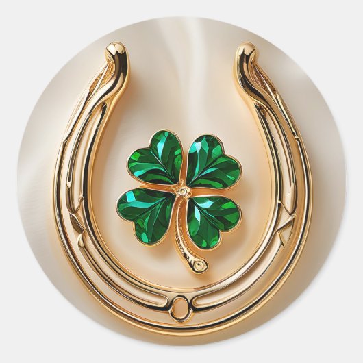 Lucky Clover met Goud Hoefijzer Ronde Sticker (Voorkant)