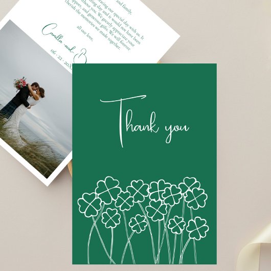Lucky Clover Smaragdgroene Chic Foto Bruiloft Bedankkaart