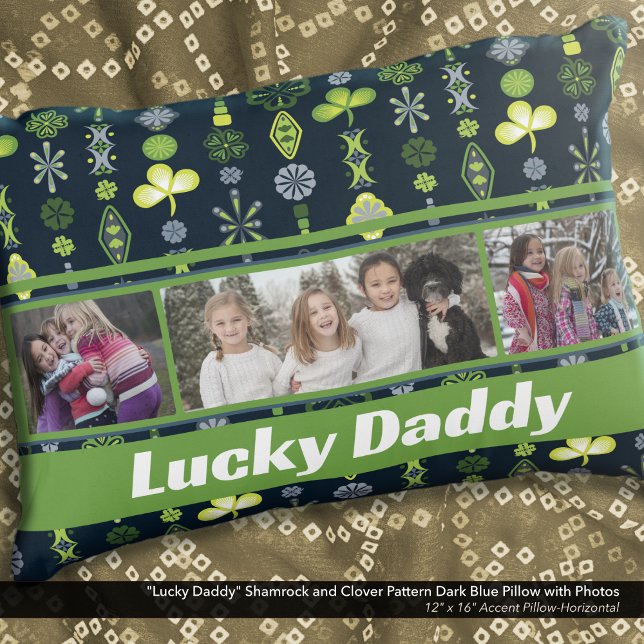 "Lucky Daddy" Shamrock Klaver Patroon Blauw Foto Accent Kussen ("Lucky Daddy" Shamrock and Clover Dark Blue Pattern Pillow: Personalize with six different photos)