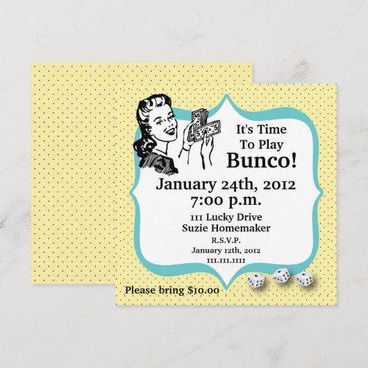Lucky Dice Bunco Player Invitation by Artinspited Kaart (Voorkant / Achterkant)