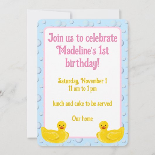 Lucky Ducky First Birthday Invitation Kaart (Achterkant)