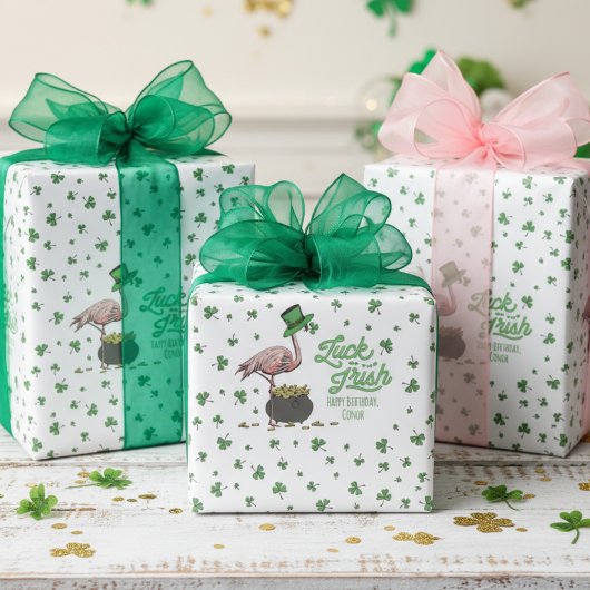 Lucky Flamingo Groene Klaver Cadeaupapier