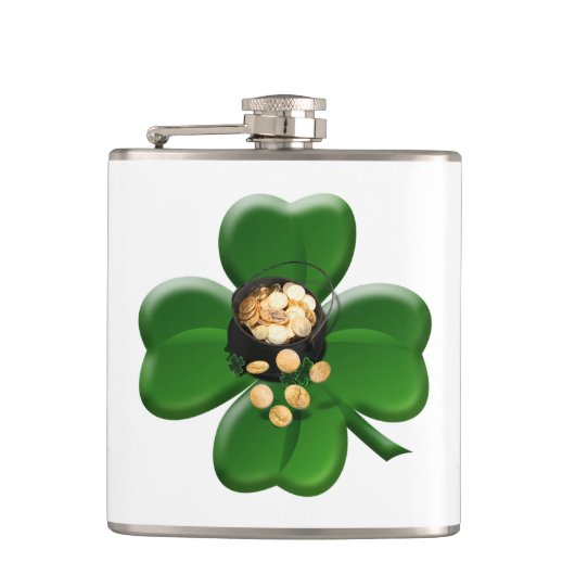 Lucky Four Leaf Clover met Pot Of Gold Heupfles (Voorkant)