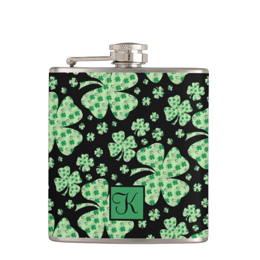Lucky Four Leaf Clover St. Patrick Gift Monogram Heupfles (Voorkant)
