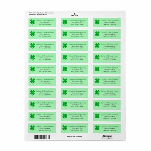 Lucky Four Leaf Clover St. Patrick's Day Shamrock Etiket (Full Sheet)