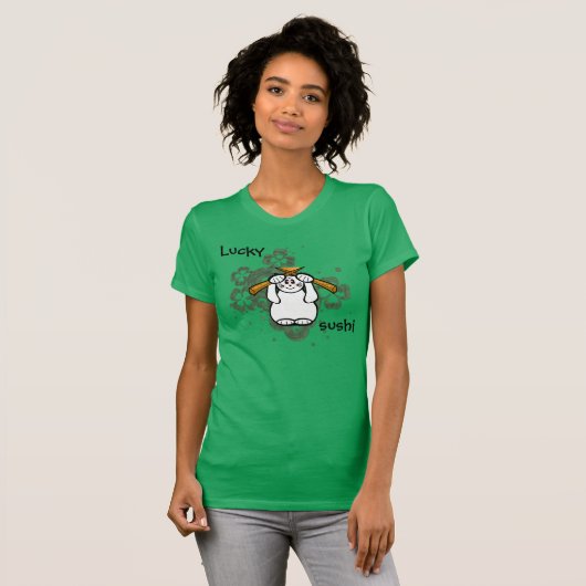 Lucky Four Leaf Clover Sushi-cat geluk maneki neko T-shirt (Voorkant volledig)