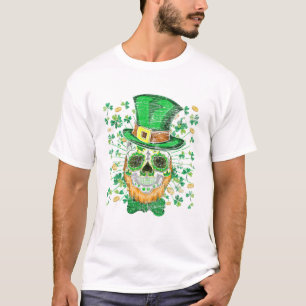 Lucky Four Leaf Shamrock Clover Skull Irish St Pat T-shirt