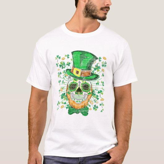 Lucky Four Leaf Shamrock Clover Skull Irish St Pat T-shirt (Voorkant)