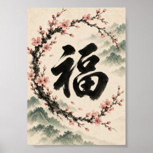 Lucky Fu Kalligrafie en Muurdecoratie met Perzikbl Poster