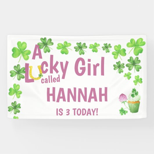 Lucky Girl Shamrock en Muffin Birthday Party Spandoek (Horizontaal)