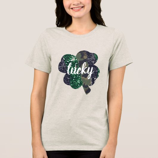 Lucky Glitter & Camo Shamrock St. Patrick's Day Tri-Blend Shirt (Voorkant)