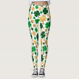 Lucky Gold Foil Vier Leaf Clover Shamrock Pattern Leggings