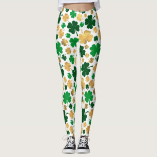 Lucky Gold Foil Vier Leaf Clover Shamrock Pattern Leggings