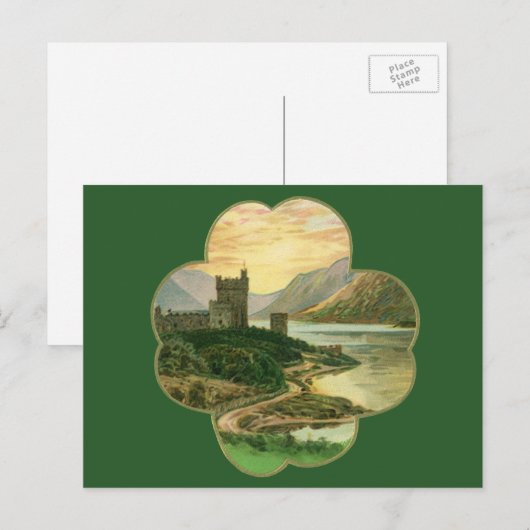 Lucky Gold Shamrock met een Iers Castle Briefkaart (Voorkant / Achterkant)