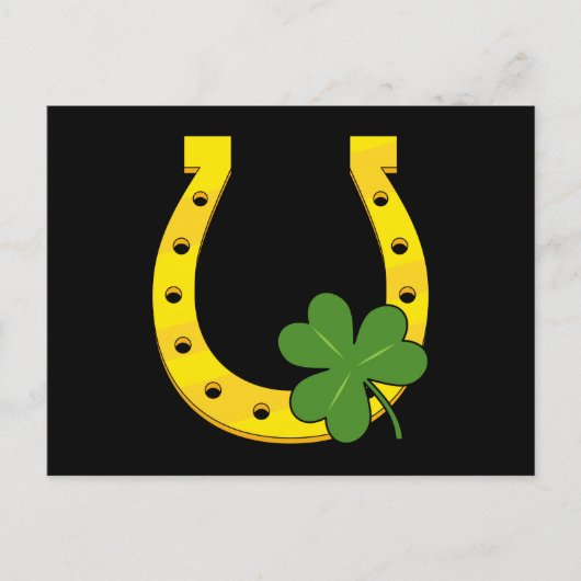 Lucky Golden Hoefijzer met Shamrock op Black Feestdagenkaart (Voorkant)