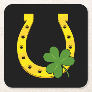 Lucky Golden Hoefijzer met Shamrock op Black Kartonnen Onderzetters