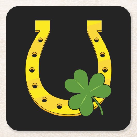 Lucky Golden Hoefijzer met Shamrock op Black Kartonnen Onderzetters (Voorkant)