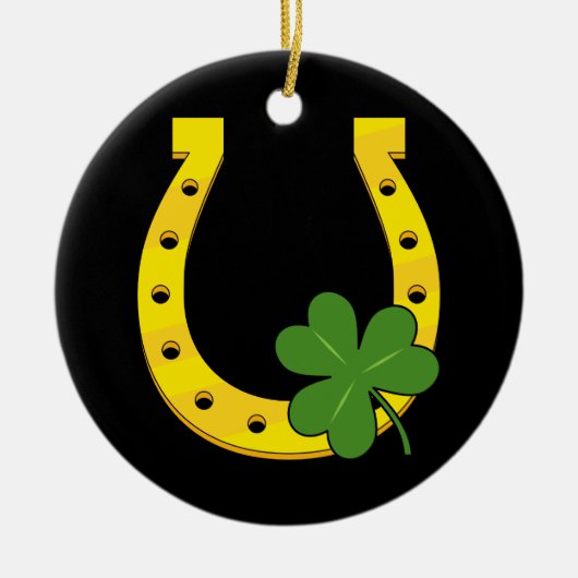 Lucky Golden Hoefijzer met Shamrock op Black Keramisch Ornament (Voorkant)
