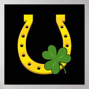 Lucky Golden Hoefijzer met Shamrock op Black Poster